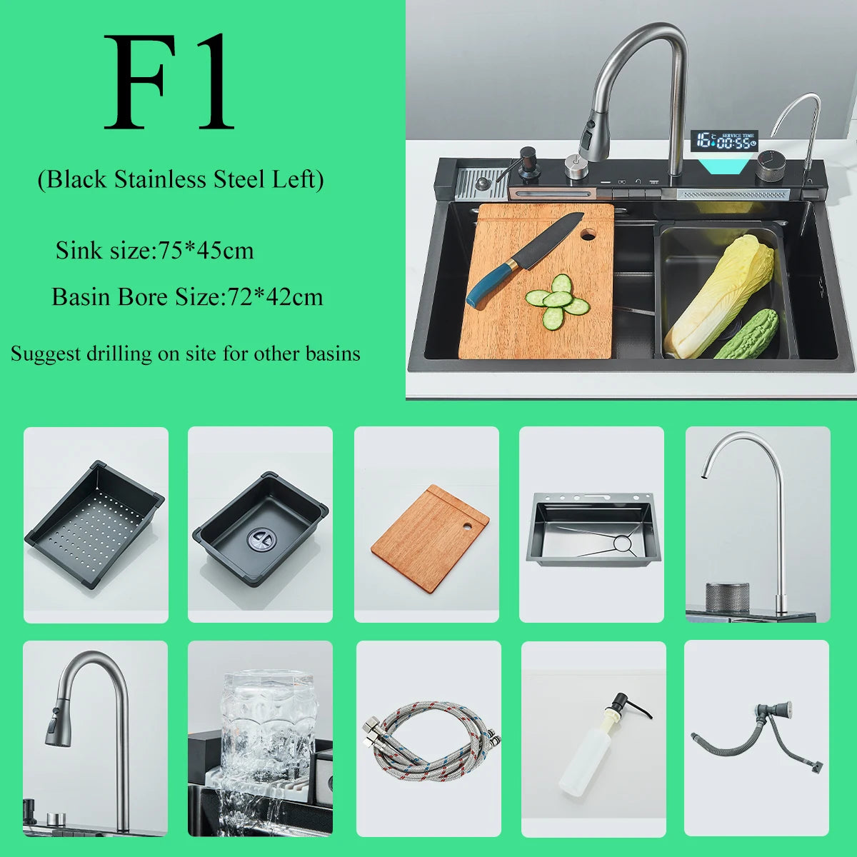 Stainless Steel Kitchen Waterfall Sink With Digital Faucet