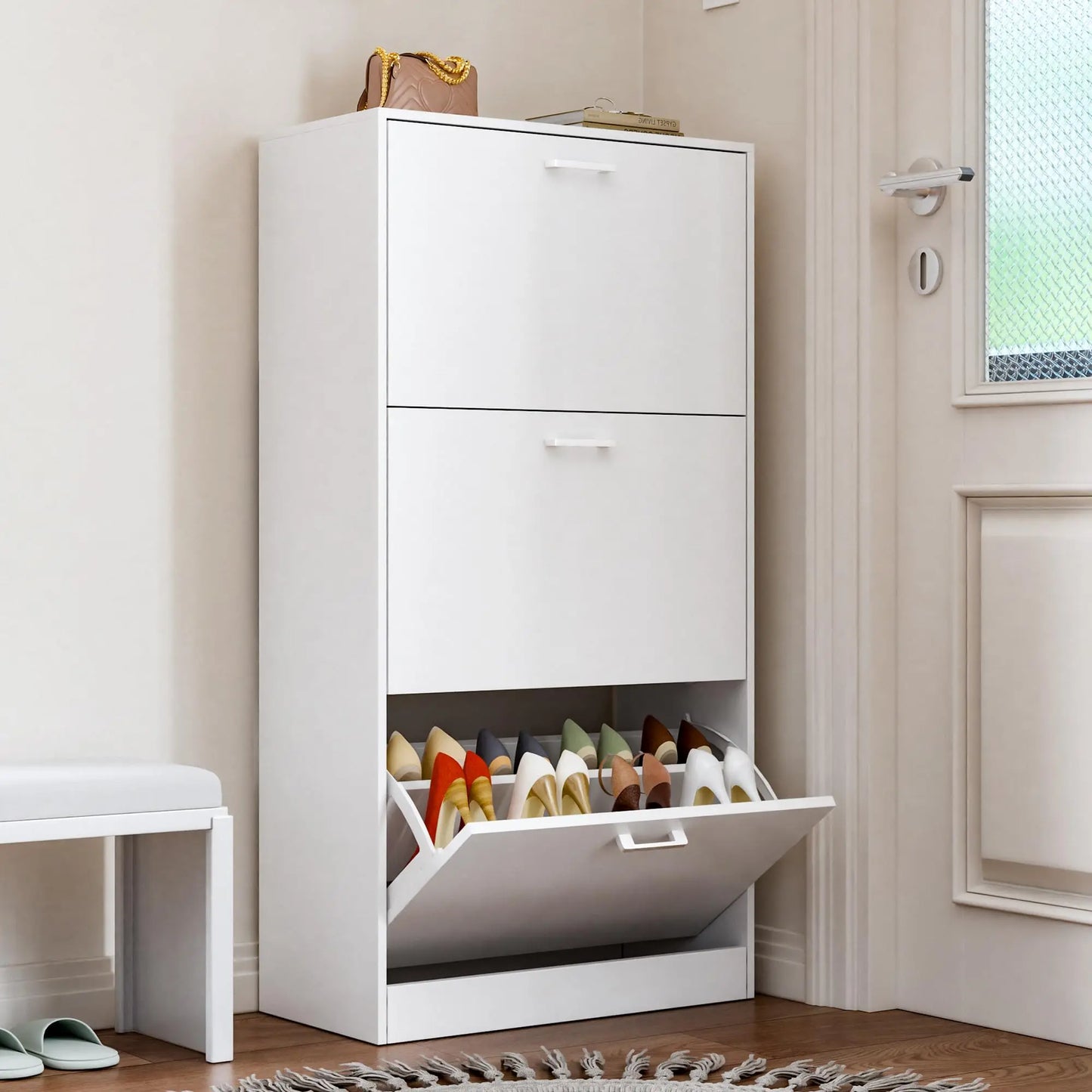 Slim Freestanding Wooden Shoe Cabinet With Flip Drawers For Home