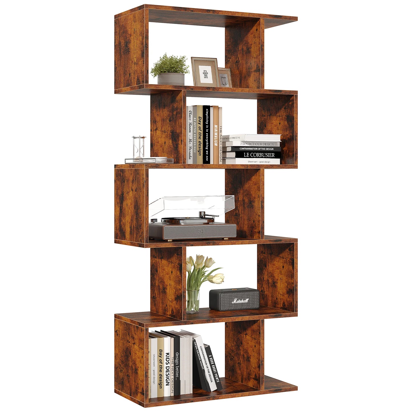 JHK 5-Tier S-Shaped Geometric Wood Bookcase Modern Display Shelf