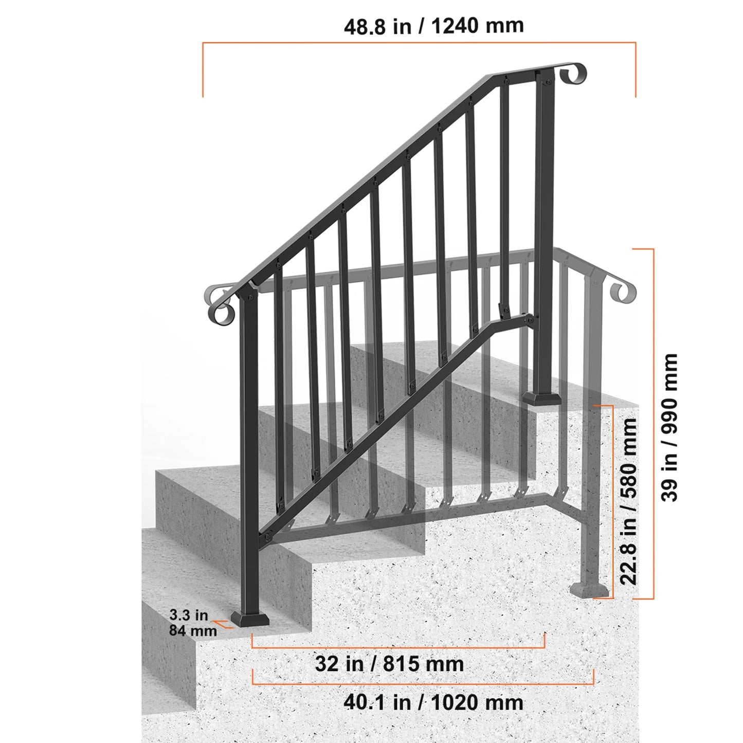 Adjustable Carbon Steel Outdoor Stair Handrail With Installation Kit