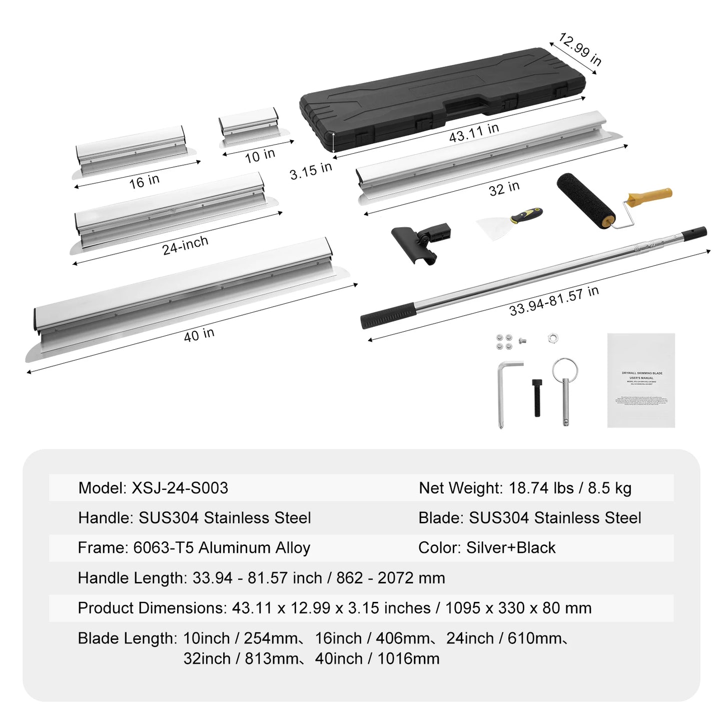 Drywall Skimming Blade Set Including Stainless Steel Extension Handle Pole