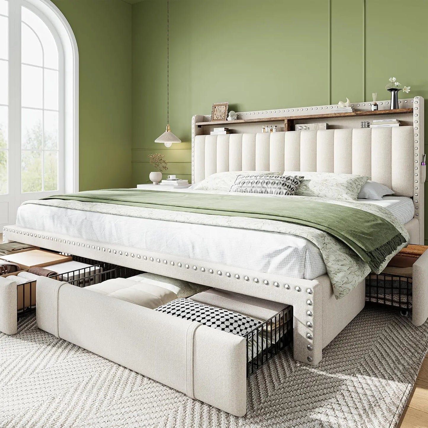 King Size Bed Frame Fabric Upholstered with 4 Drawers Rivet Decor Storage Headboard Wooden Slats 900LBS Customizable Bed