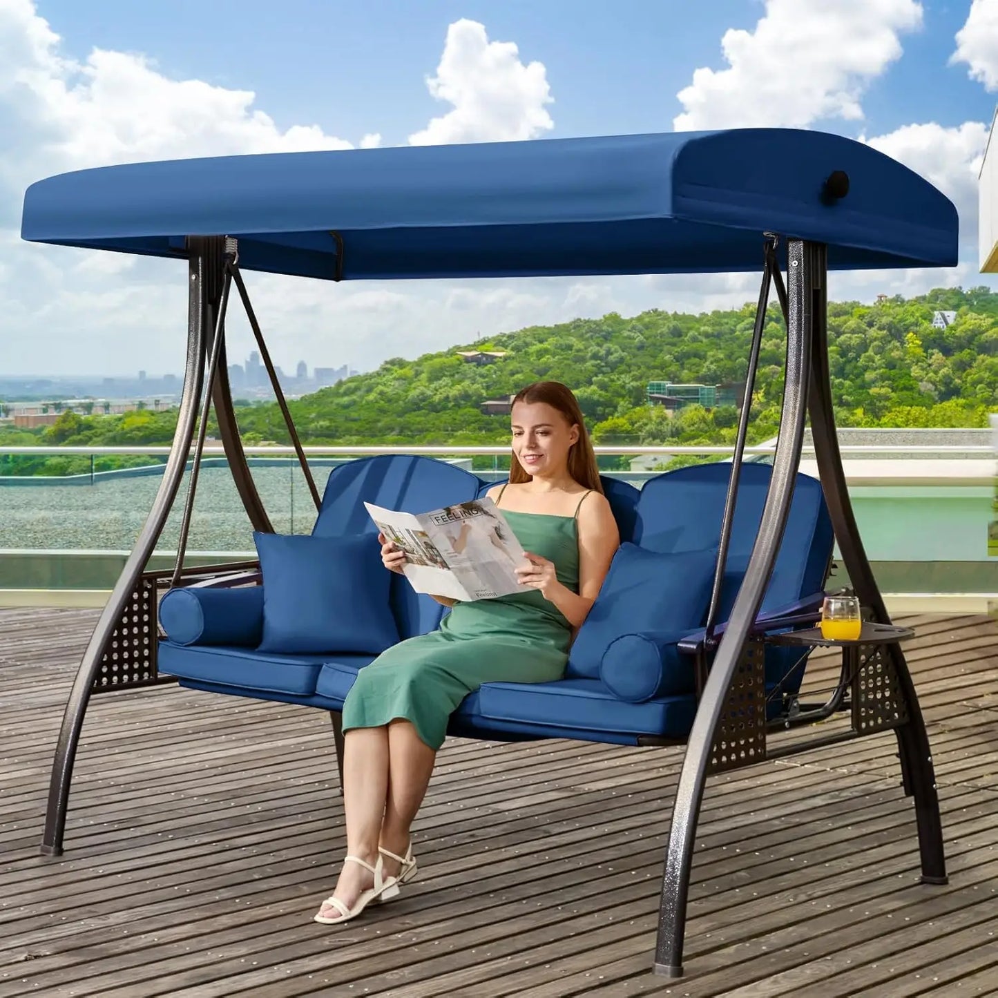 3-Seat Convertible Outdoor Swing with Adjustable Canopy Thickened Cushions Pillows Cup Holders for Patio Backyard Garden Custom