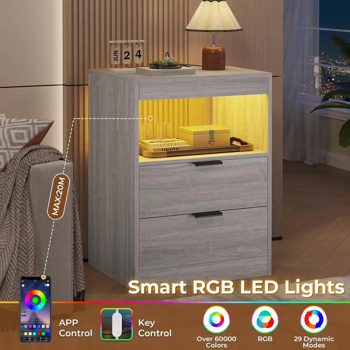 Modern Grey Nightstand With Wireless Charging And Led Lights