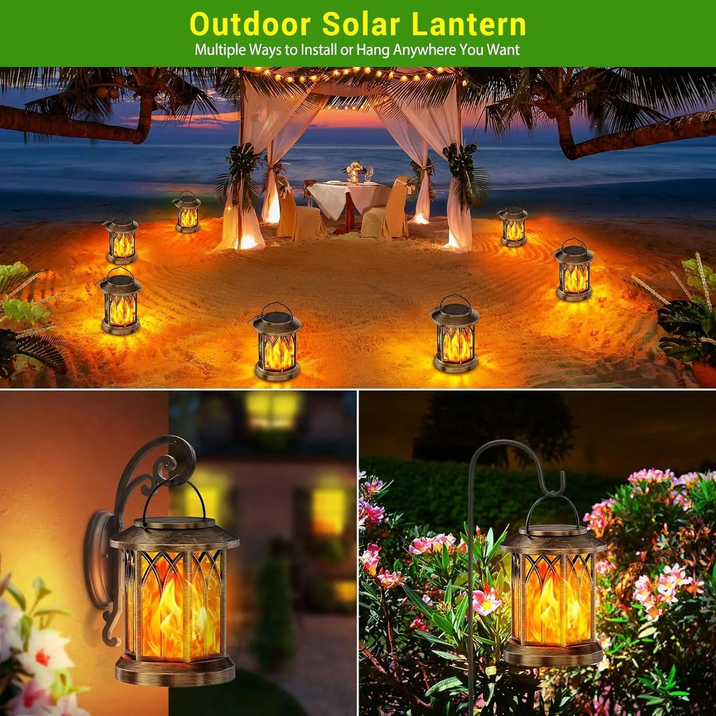 Waterproof Flickering Flame Solar Lantern Outdoor Hanging Bronze