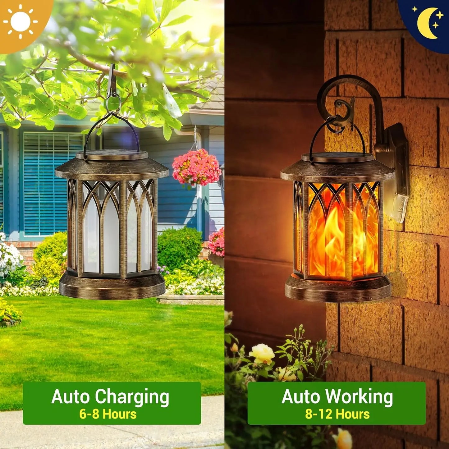 Waterproof Flickering Flame Solar Lantern Outdoor Hanging Bronze