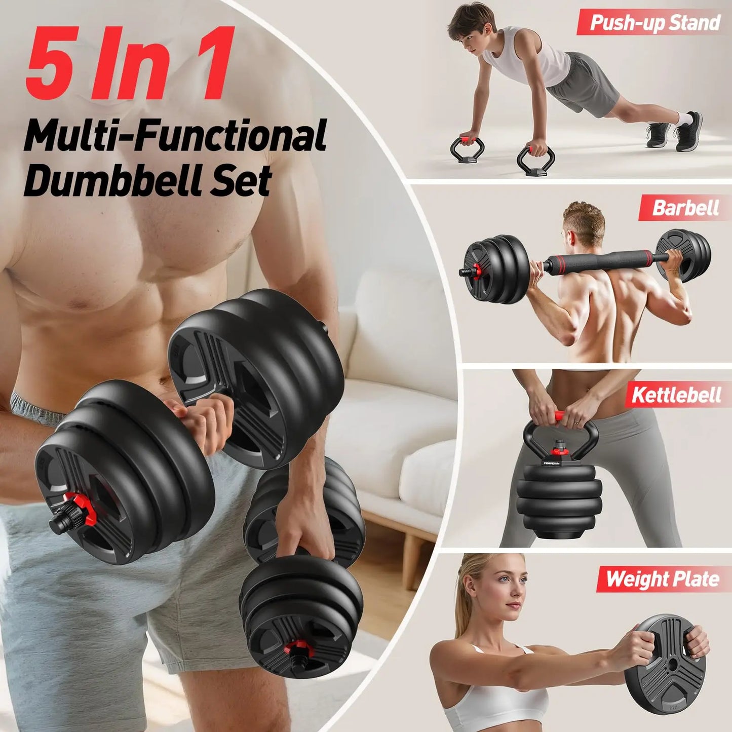 FED 5 In 1 Adjustable Dumbbell Set 20To90 LBS Workout