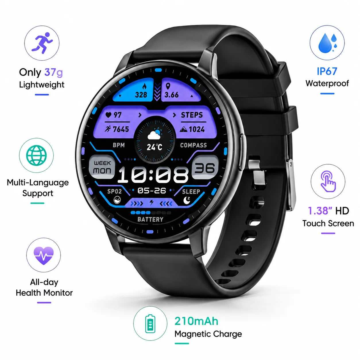 Smartwatch With Full Touch Screen, 100+ Sports Modes, Sleep Monitor