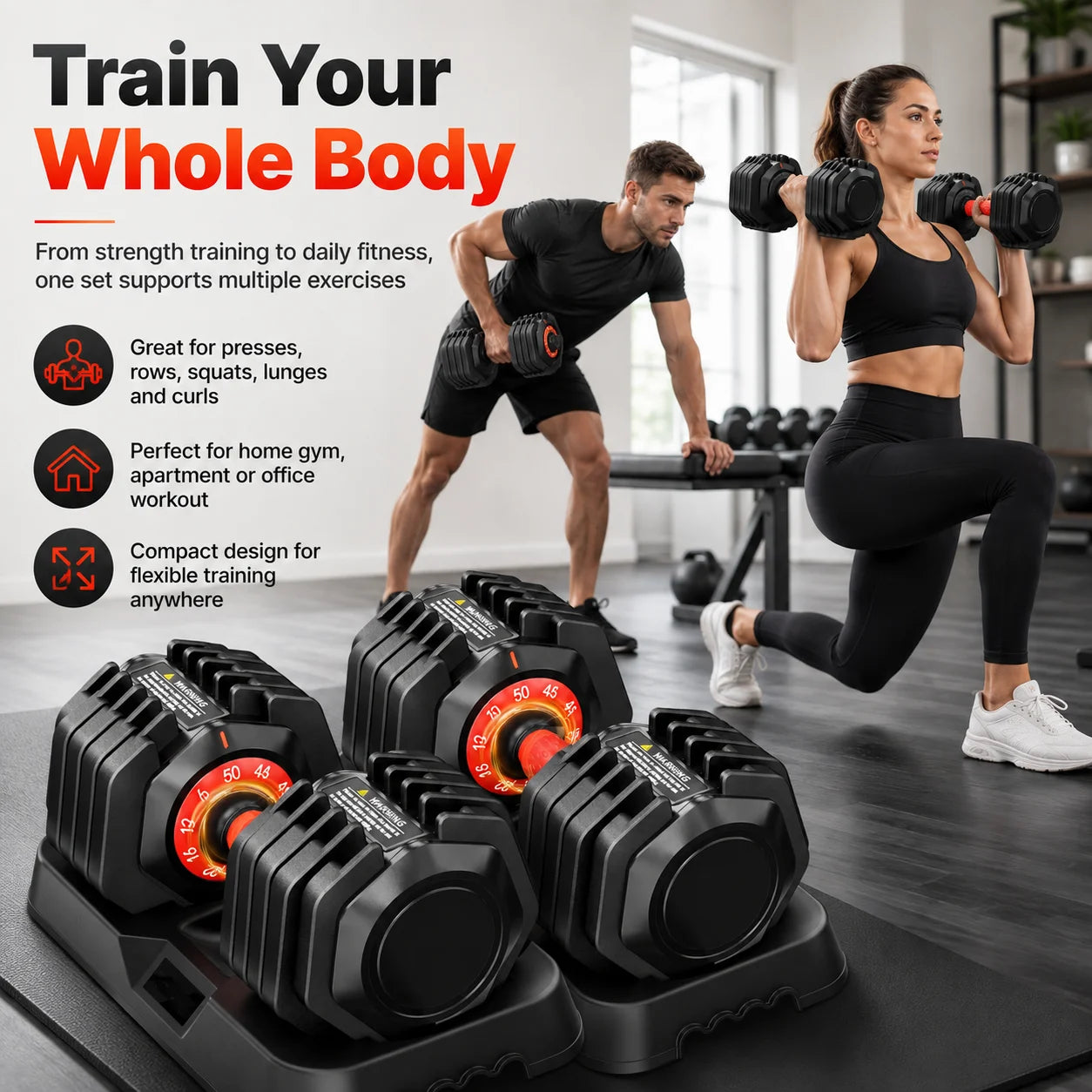 50 Pound Adjustable Dumbbell Set With Stand For Home Gym