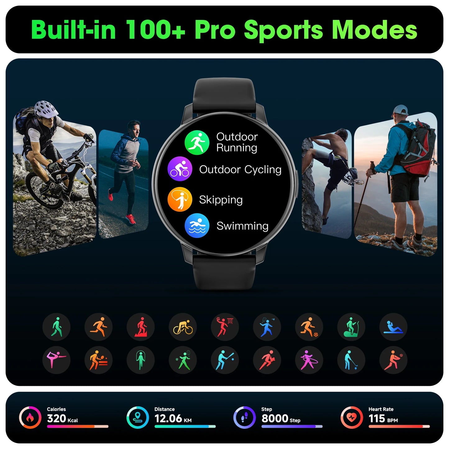 Smartwatch With Full Touch Screen, 100+ Sports Modes, Sleep Monitor
