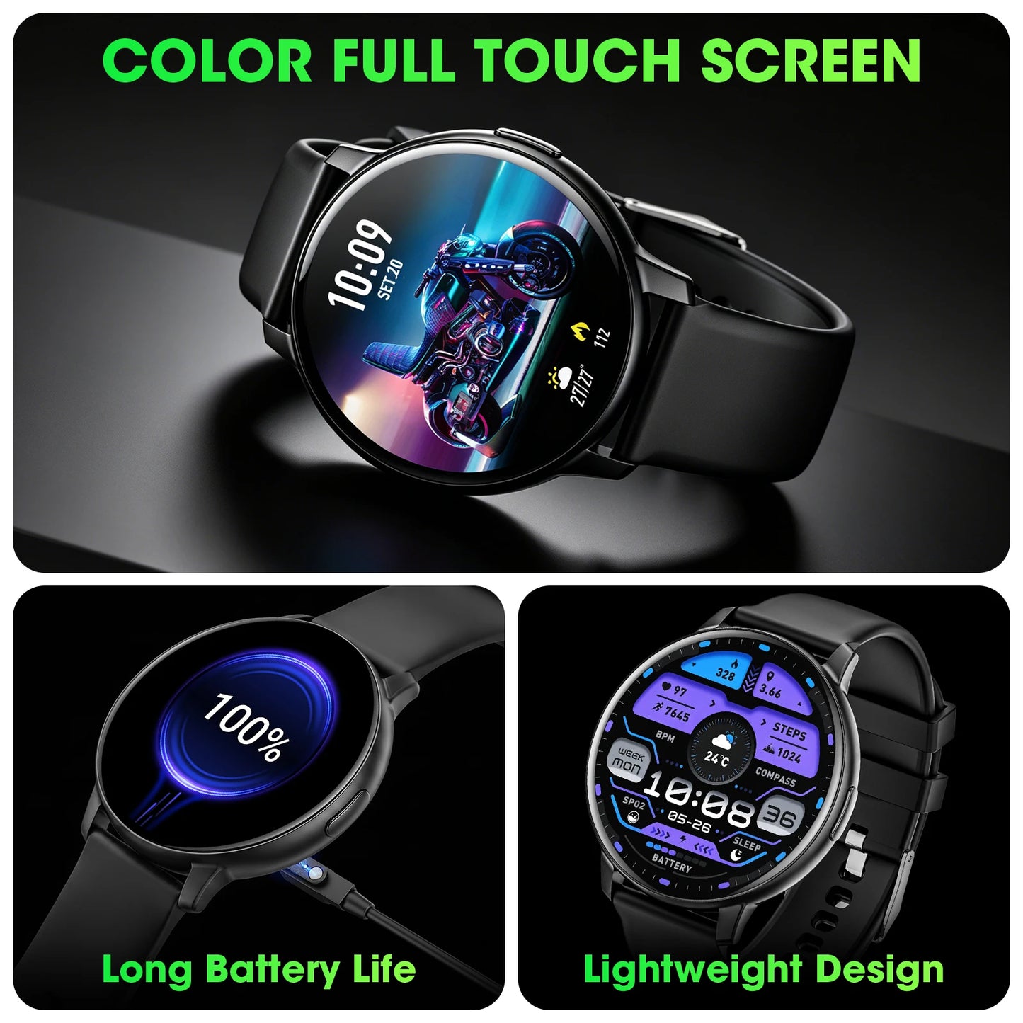 Smartwatch With Full Touch Screen, 100+ Sports Modes, Sleep Monitor