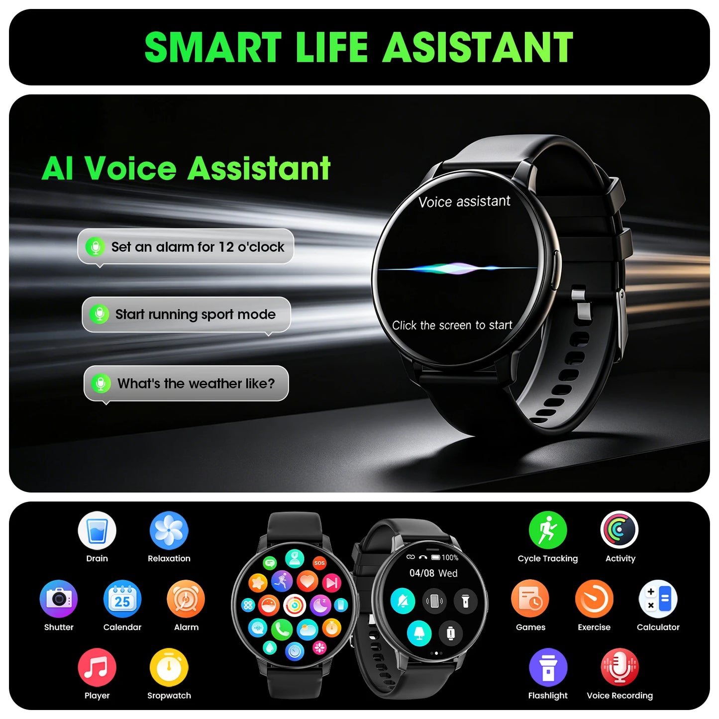 Smartwatch With Full Touch Screen, 100+ Sports Modes, Sleep Monitor