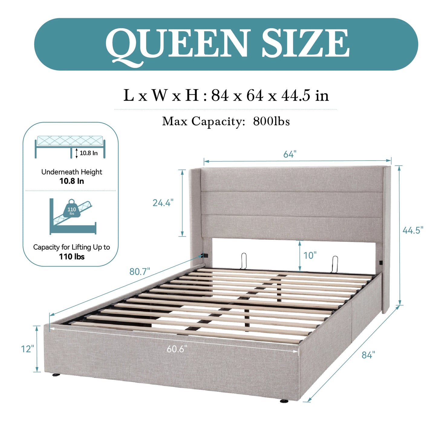 HOOMIC Lift Up Storage Bed with Wingback Headboard/Heavy-Duty Hydraulic Bed/Large Underneath Storage Allewie