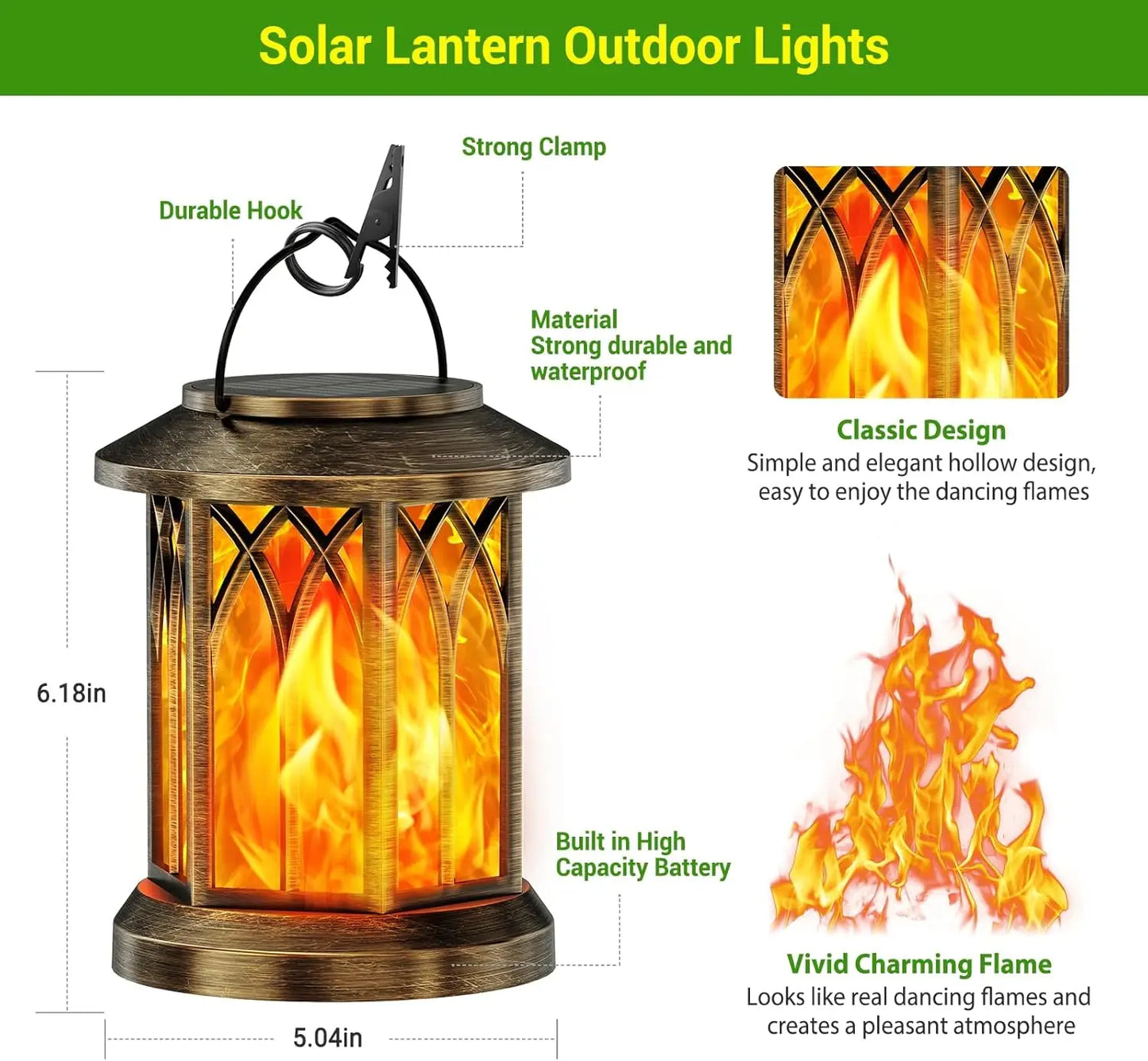 Waterproof Flickering Flame Solar Lantern Outdoor Hanging Bronze