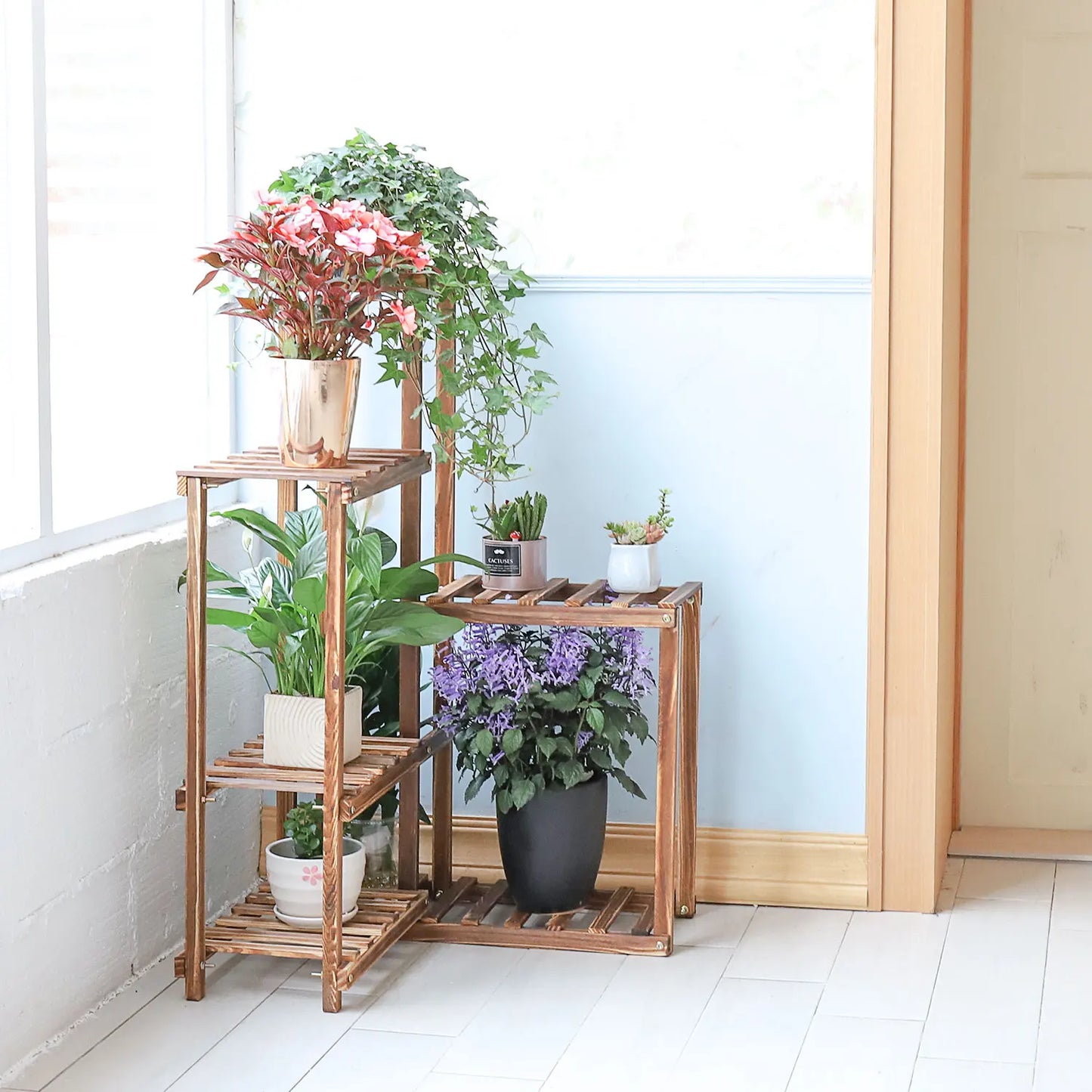 BINGOPAW Six Tier Wood Plant Corner Stand For Indoor Garden
