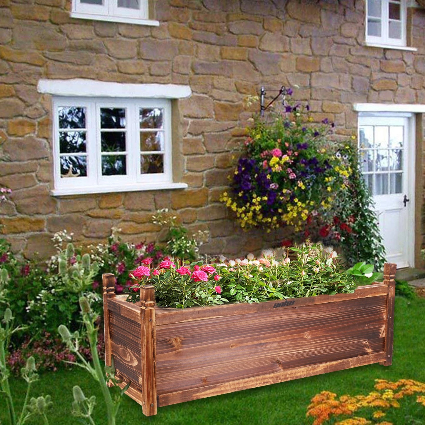 Raised Wood Window Box Planter For Garden And Yard Plants