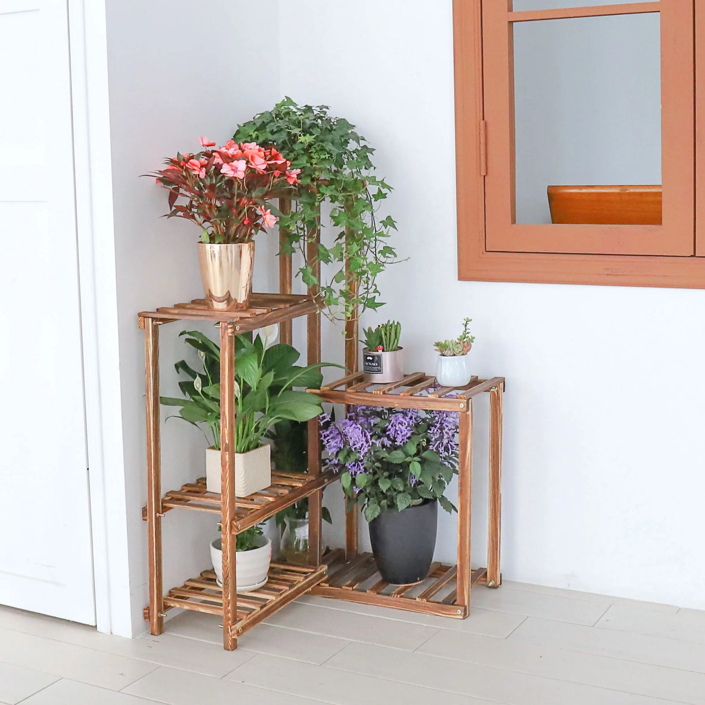 BINGOPAW Six Tier Wood Plant Corner Stand For Indoor Garden