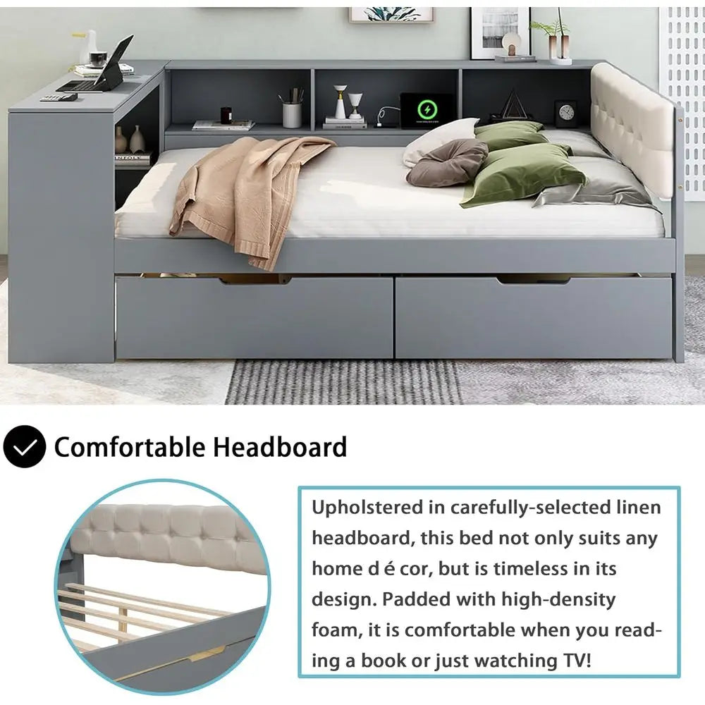 Grey Twin Platform Bed with Storage, Built-in Desk, 2 Drawers, USB Ports, Upholstered Headboard