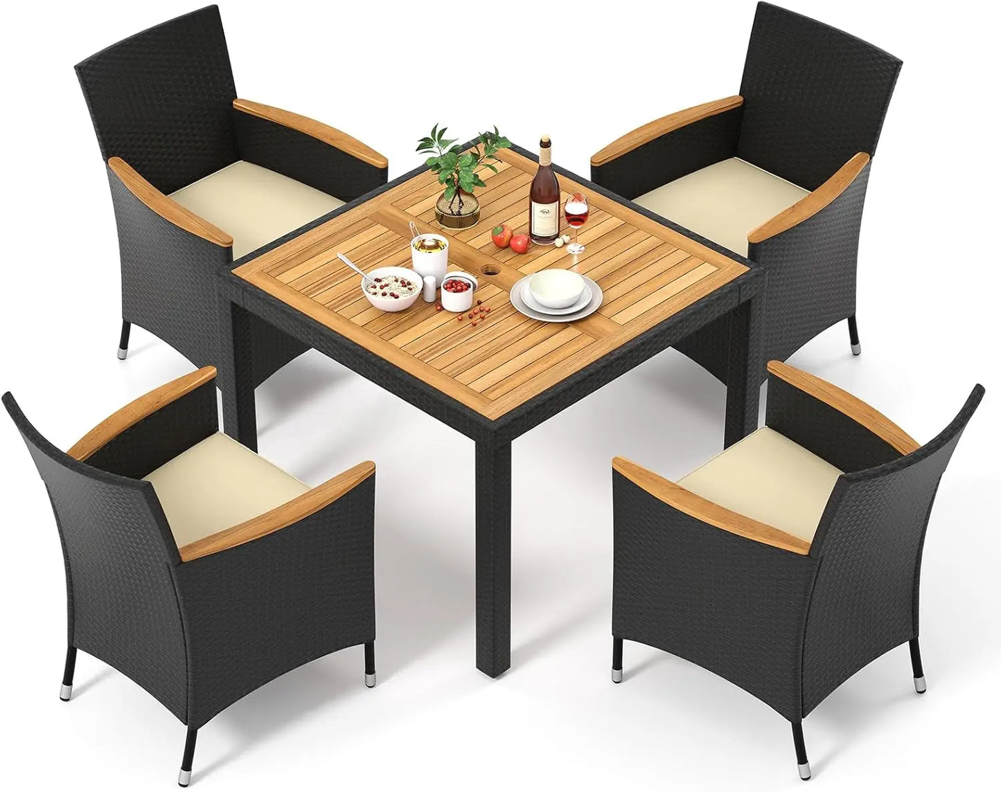 5 Pieces Rattan Outdoor Dining Set for 4,Outdoor Acacia Wood Table Set with 4Cushioned Wicker Chairs,Patio Dining Furniture Sets
