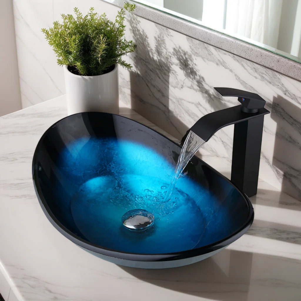 Mekkhala Tempered Glass Countertop Basin Sink With Faucet