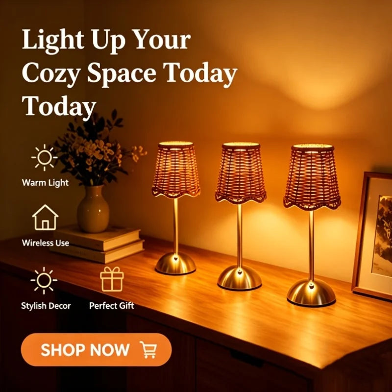 Bohemian Woven Rattan Table Lamp With Touch Dimming USB Power