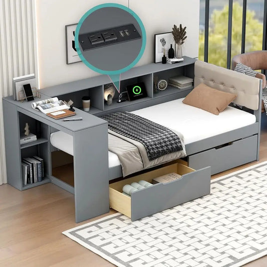 Grey Twin Platform Bed with Storage, Built-in Desk, 2 Drawers, USB Ports, Upholstered Headboard