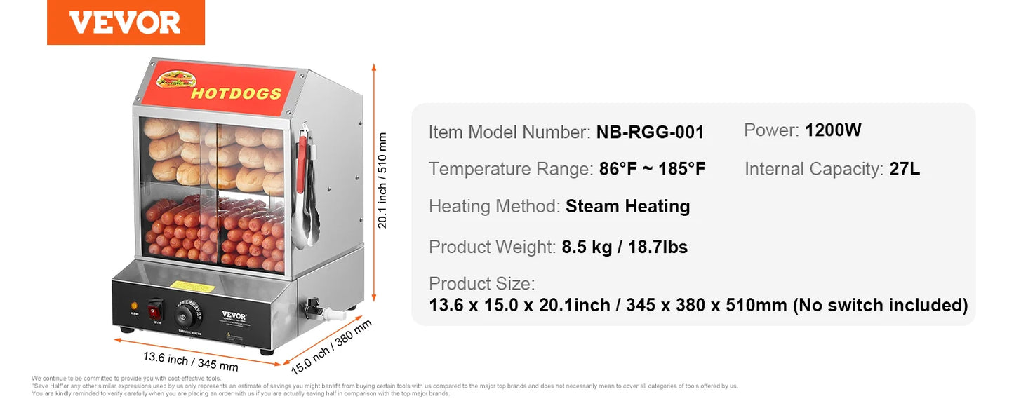 Vevor Commercial Stainless Steel Hot Dog Steamer Temperature Control