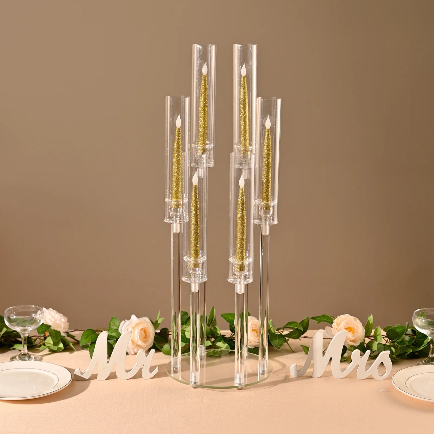 VINCIGANT 6 Pack Clear Acrylic Eight Arm Floor Candelabra Centerpiece