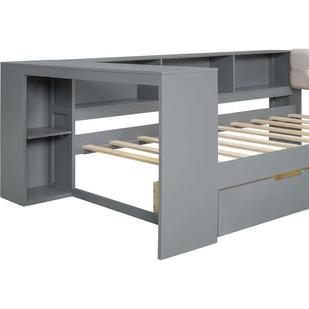 Grey Twin Platform Bed with Storage, Built-in Desk, 2 Drawers, USB Ports, Upholstered Headboard