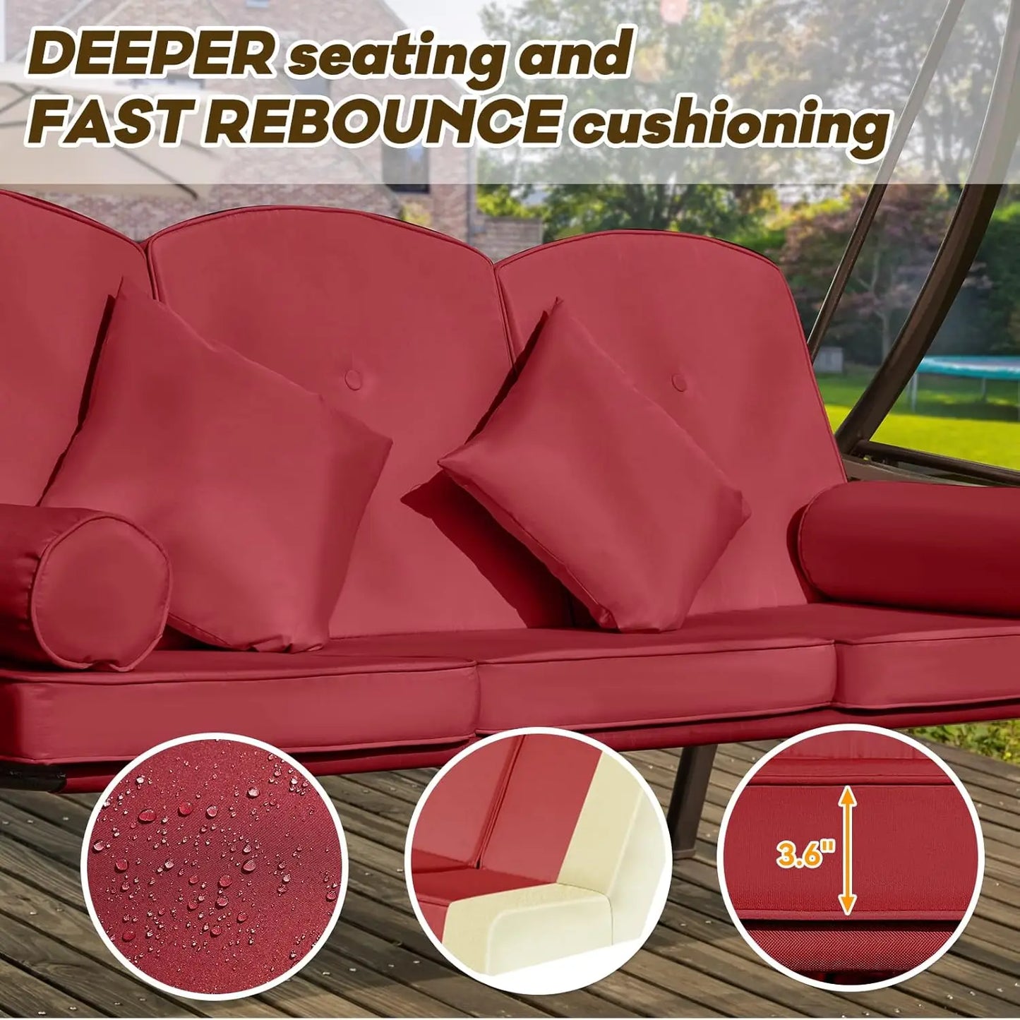 3-Seat Convertible Outdoor Swing with Adjustable Canopy Thickened Cushions Pillows Cup Holders for Patio Backyard Garden Custom