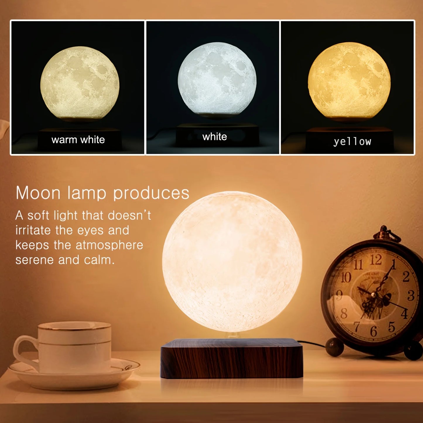 Mexllex Magnetic Moon Lamp With Wooden Base 3 Color LED
