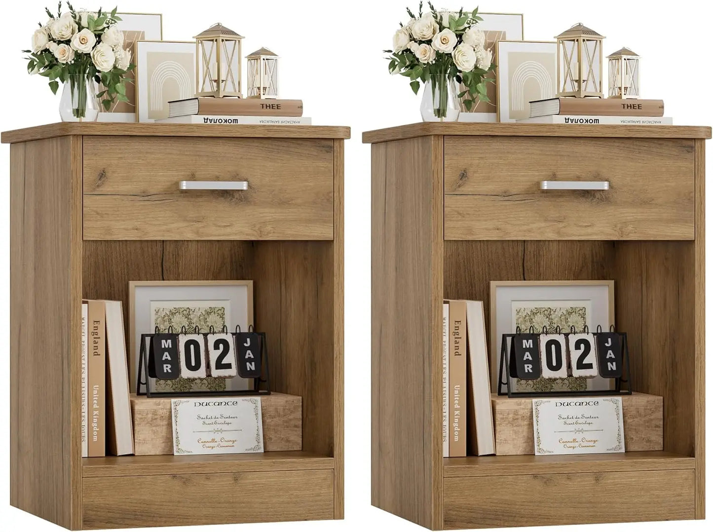Wood Nightstand Set Of 2 With Drawer And Storage Shelf