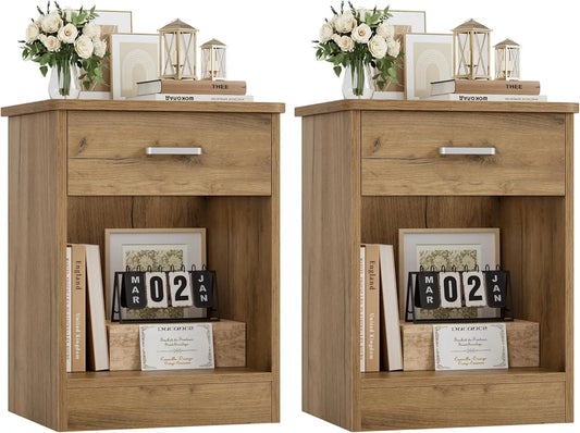 Wood Nightstand Set Of 2 With Drawer And Storage Shelf