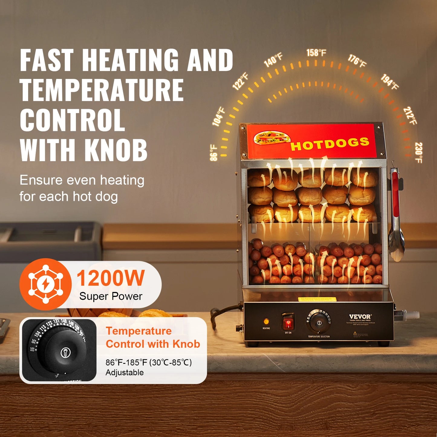 Vevor Commercial Stainless Steel Hot Dog Steamer Temperature Control