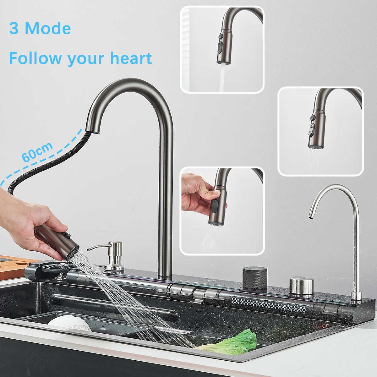 Stainless Steel Kitchen Waterfall Sink With Digital Faucet