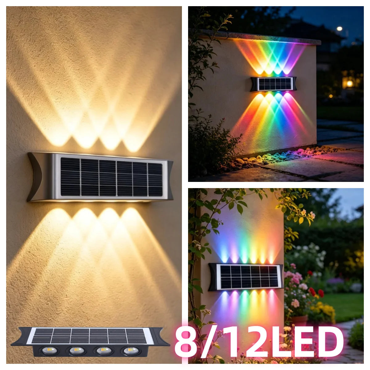 Solar LED Wall Lamp 8to12 LEDs Up Down Waterproof Outdoor