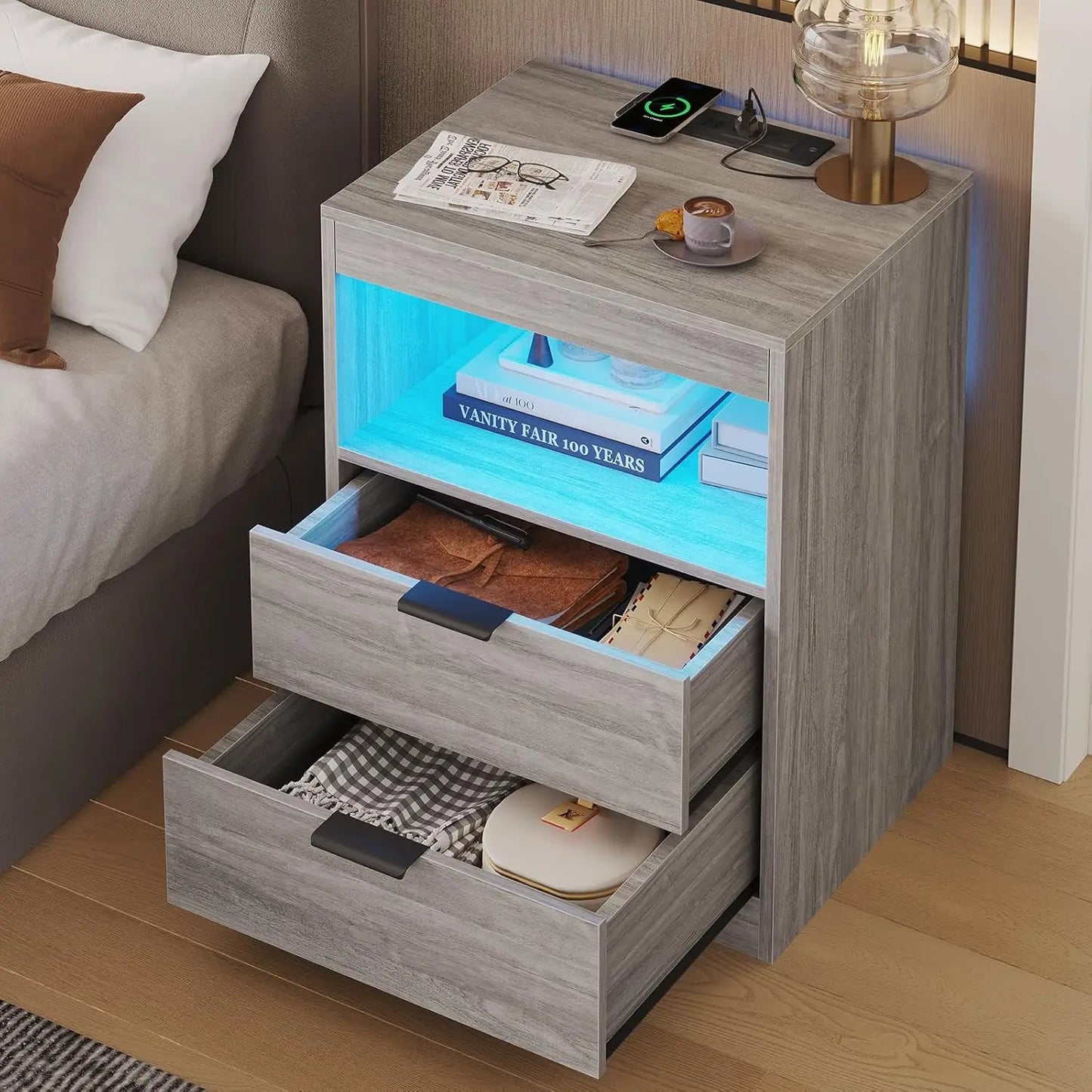 Modern Grey Nightstand With Wireless Charging And Led Lights