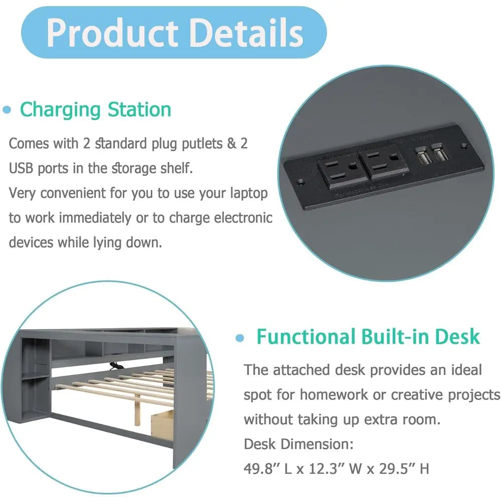 Grey Twin Platform Bed with Storage, Built-in Desk, 2 Drawers, USB Ports, Upholstered Headboard