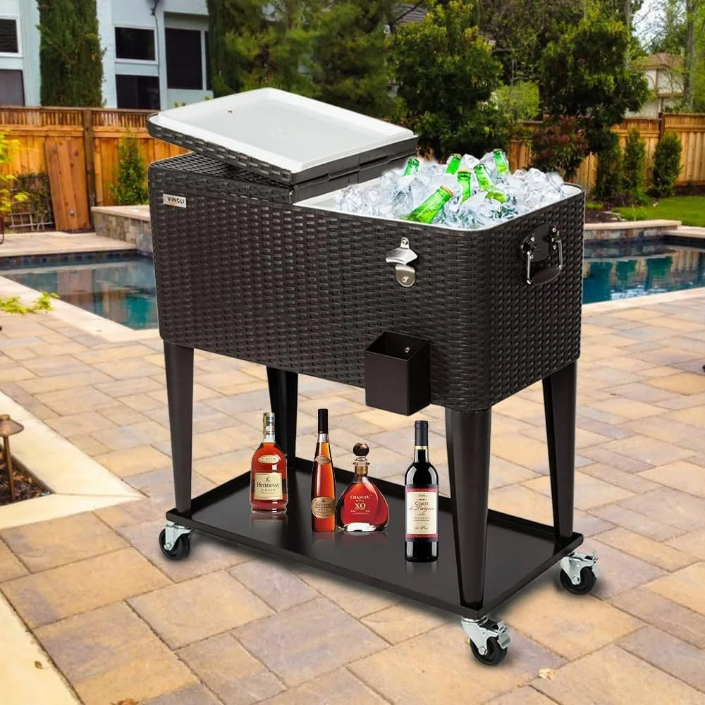 VINGLI 80 Quart Rolling Ice Chest Portable Patio Party Bar Drink Cooler Cart, with Shelf, Beverage Pool with Bottle Opener Brown
