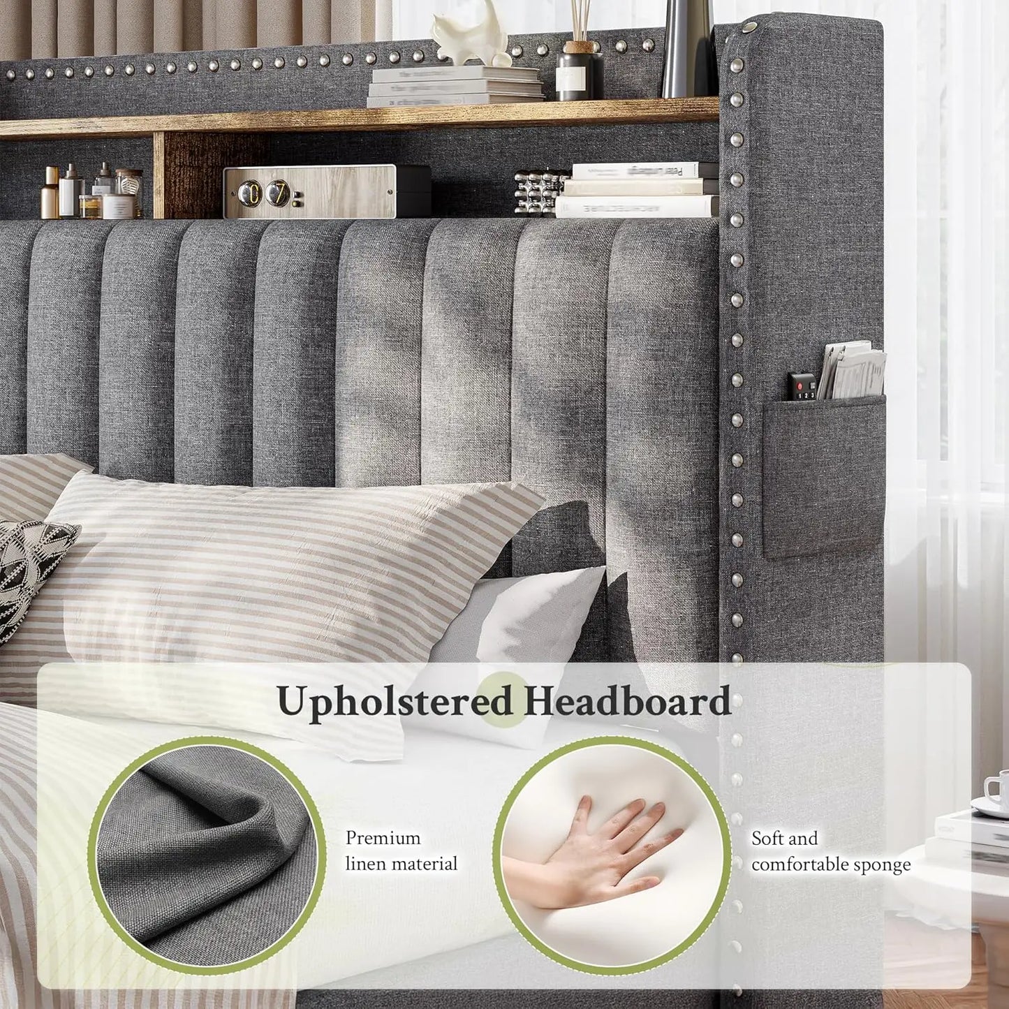 King Size Bed Frame Fabric Upholstered with 4 Drawers Rivet Decor Storage Headboard Wooden Slats 900LBS Customizable Bed