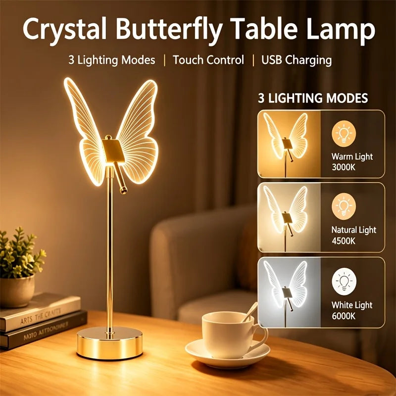 QQS Crystal Butterfly Table Lamp With Three Level Brightness USB Charging