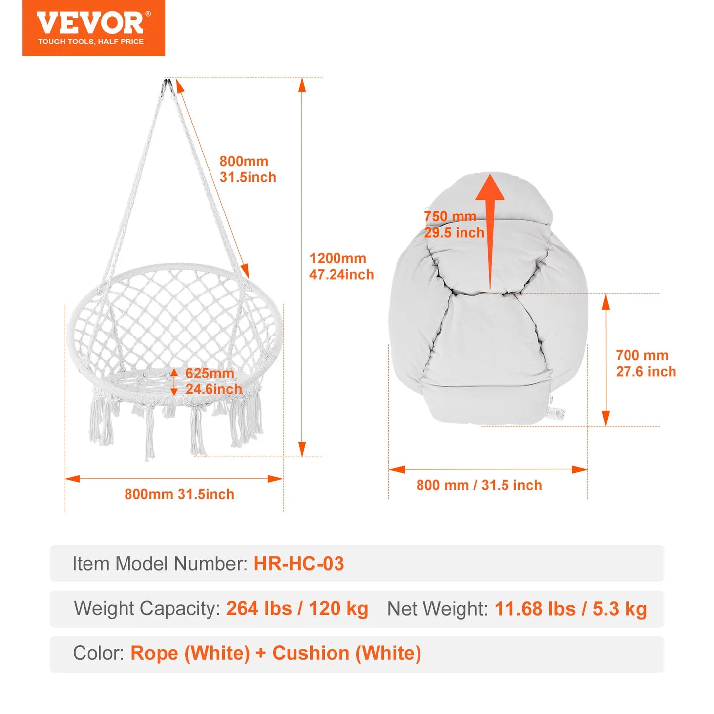 SucceBuy Hanging Hammock Swing Chair Macrame Cotton Rope 330Lbs