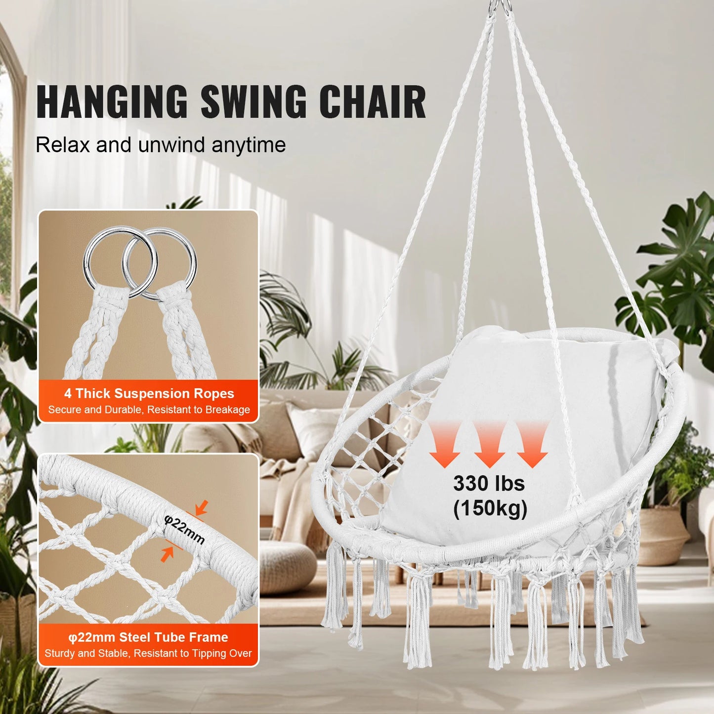 SucceBuy Hanging Hammock Swing Chair Macrame Cotton Rope 330Lbs