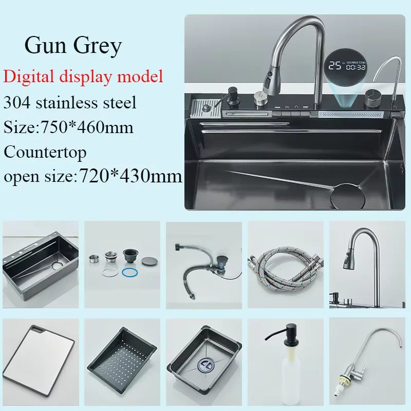 Shinesia 304 Stainless Steel Kitchen Sink Retractable Digital Faucet Set