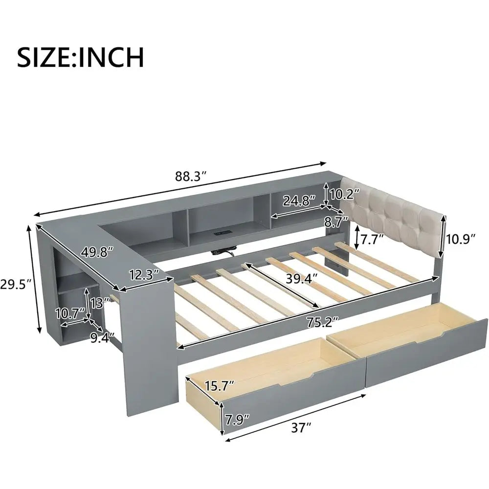 Grey Twin Platform Bed with Storage, Built-in Desk, 2 Drawers, USB Ports, Upholstered Headboard