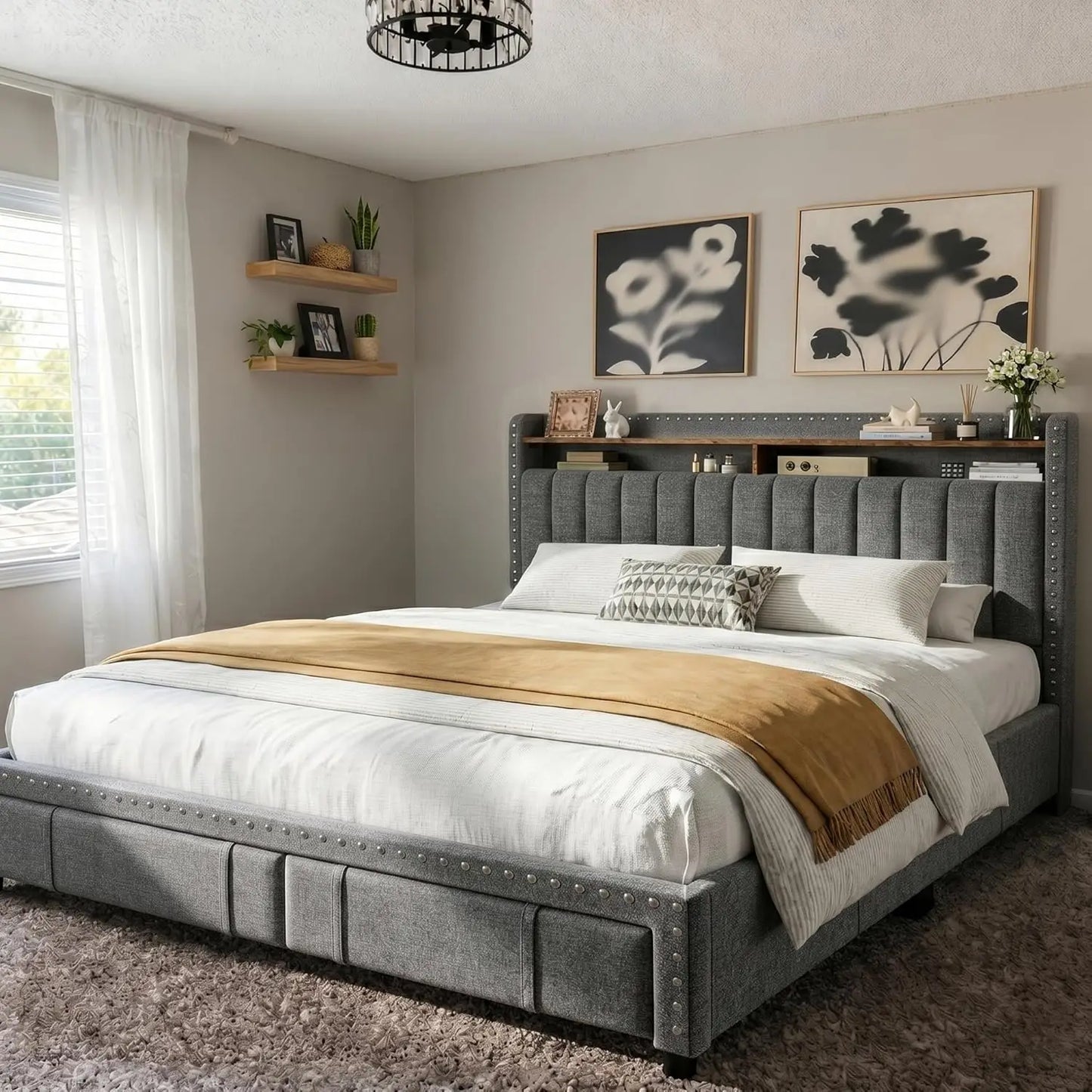 King Size Bed Frame Fabric Upholstered with 4 Drawers Rivet Decor Storage Headboard Wooden Slats 900LBS Customizable Bed