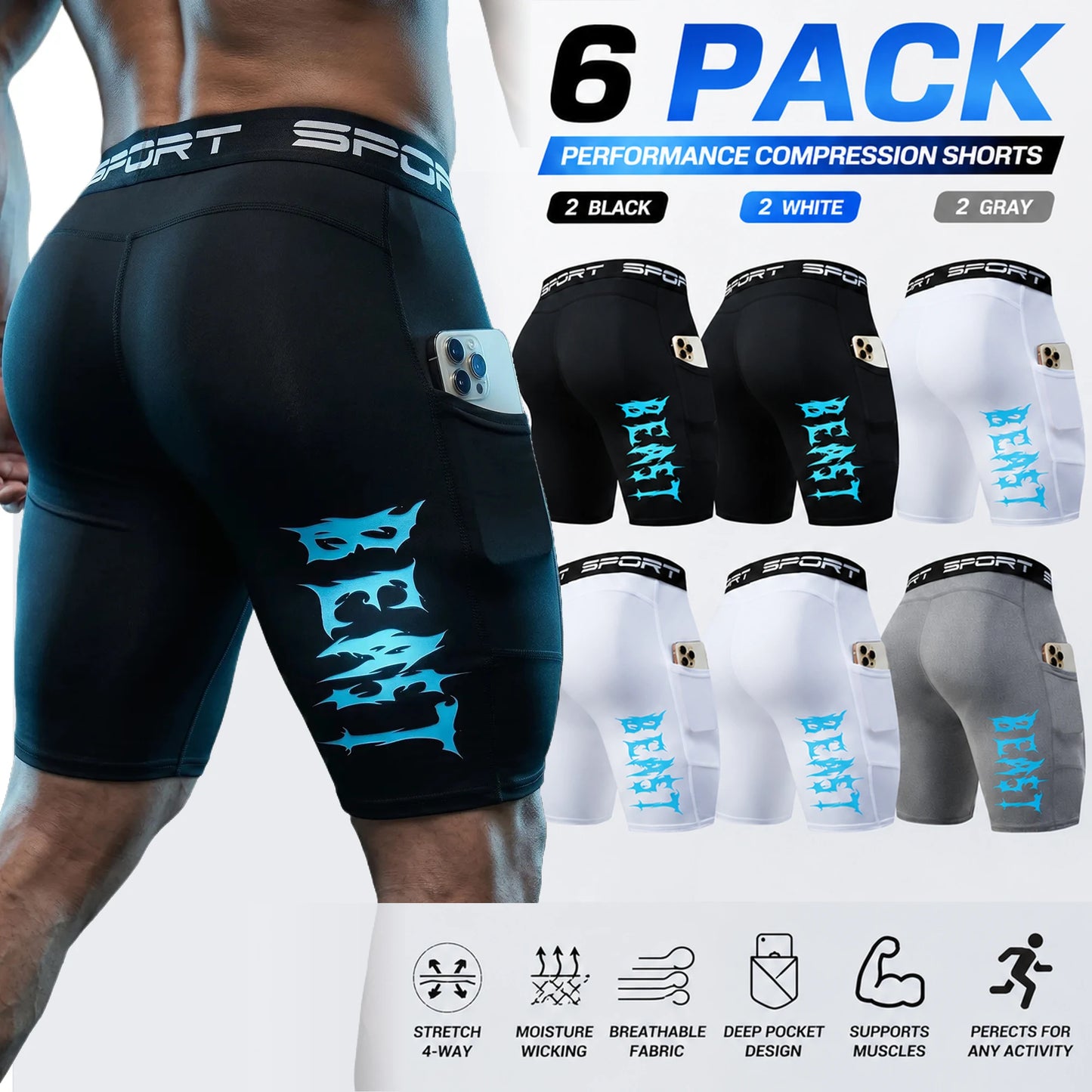 6-Pack Men's Sports Compression Shorts With Phone Pocket
