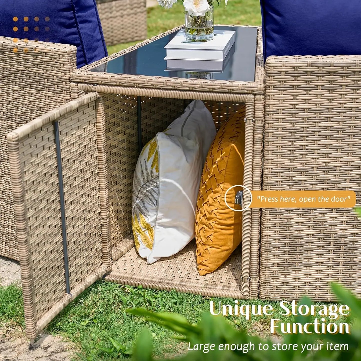 11-Piece Patio Furniture Set with Large Storage Wedge Table, Half-Moon Wicker Sectional Sofa with Cushions, Waterproof Rattan
