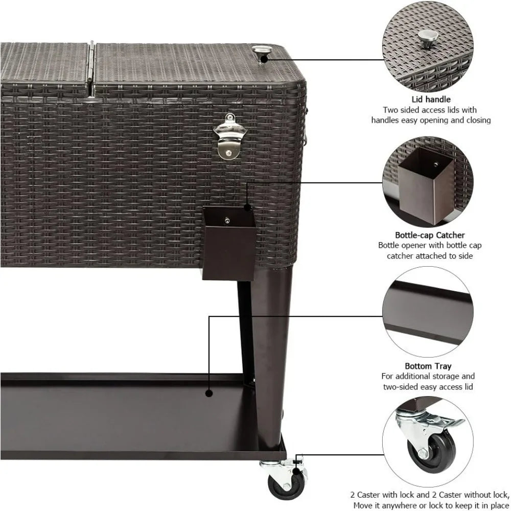 VINGLI 80 Quart Rolling Ice Chest Portable Patio Party Bar Drink Cooler Cart, with Shelf, Beverage Pool with Bottle Opener Brown