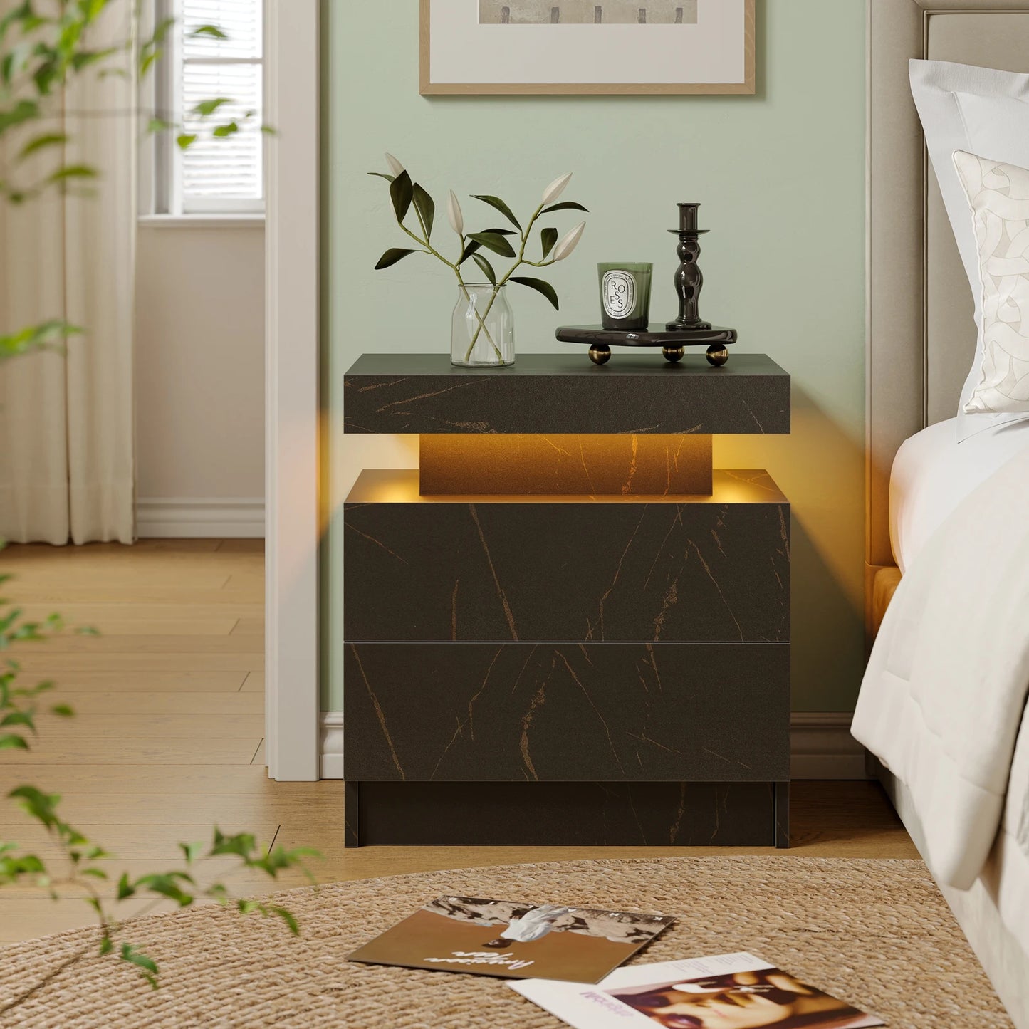 Cubehom LED Nightstands with 2 Drawers, End Table with RGB LED Lights for Bedroom Living Room, White Bedside Table